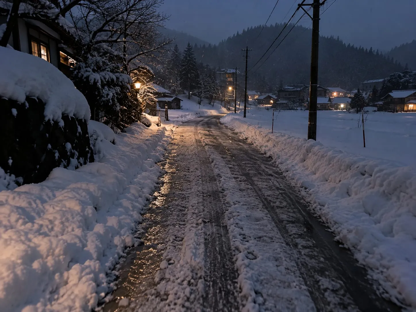 雪の夜、街灯に照らされた山あいの集落の道